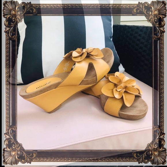 Nicole Shoes - Nicole Mustard Floral Leather Wedge Sandals